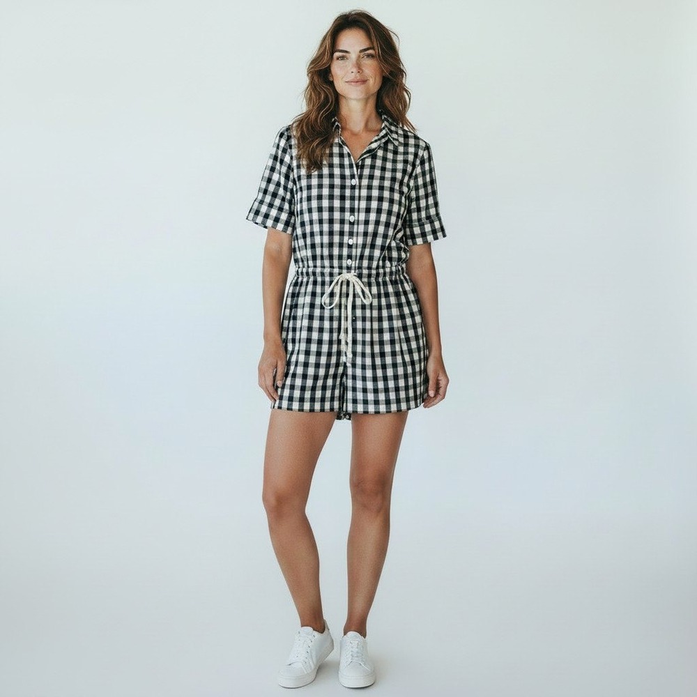 SOLID & STRIPED Romper Cotton Linen SM Black Cream Gingham Beachy Summer Preppy